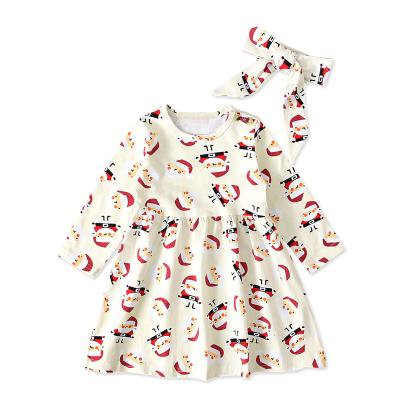 China 2890 Christmas Baby Toddler Girls Clothing Infants Kids Santa Print Cotton Long Sleeve Breathable Dress +Headbands Clothes Outfits Ins for sale