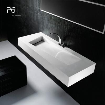 China Designer Wall Art Basin PAGE Caststone Eco-friendly Resin Artificial Stone Solid Outdoor Hung Basin Sinks Long Rectangular Bathroom Sinks for sale