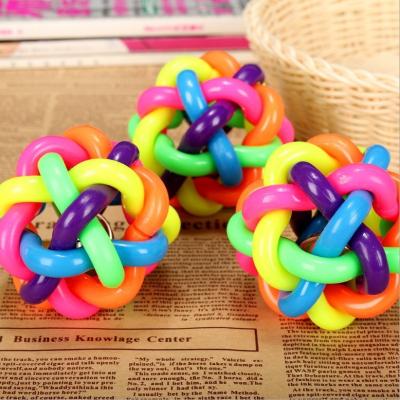 China Plastic Pet Woven Squeaky Ball Colorful Dog Toy Dog Voice Ball With Bell Twist Ball for sale