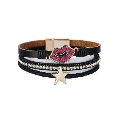 China FASHIONABLE Lips Star Braided Leather Bracelet Multilayer Magnetic Clasp Bracelet for sale