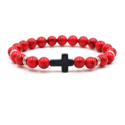 China TRENDY 8mm Bead Bracelet For Women Lava Rock Stone Cross Men's Elastic Lava Rock Bracelet for sale