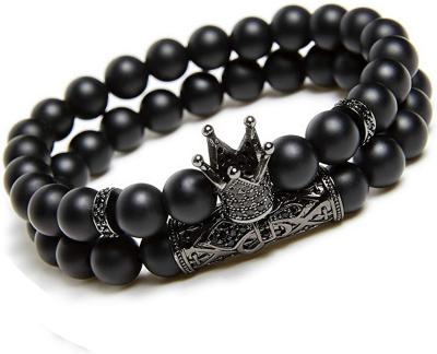 China Matte Beads Bracelets 8mm Casual/Sporty Black Onyx Stone Bracelets Sets Charm King Crown For Women Men Jewelry for sale