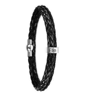 China Other Men's Custom Bracelet Personalized Black Braid Leather Bracelets with 1-7 Names Engraved in Custom Beads Custom ID Bracelet for sale