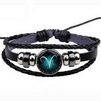 China Punk Constellations Leather Braided Bracelet Zodiac Retro Astrology Bracelet for sale