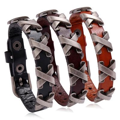 China 2020 Casual/Sports New Fashion Black and Brown Leather Lection Cross Personality Daily Gift Wristband for Men for sale