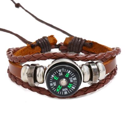 China Vintage Fashion Beaded Bracelet Leather Compass Charming Braided Cuff Bracelets for sale