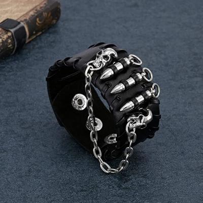 China Mens Punk Bracelets Black Genuine Leather Wide Cuff Bracelet for sale