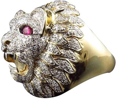 China TRENDY men's punk jewelry Lion Head Gold Filled Natural Ruby Gemstone Diamond Ring Hip style hop jewelry for sale