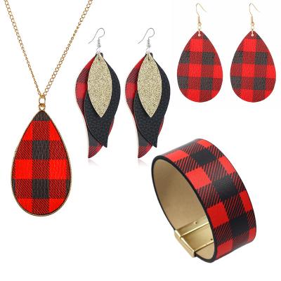 China TRENDY 4 Pieces Red And Black Buffalo Plaid Jewelry Sets For Women Faux Leather Necklace for sale