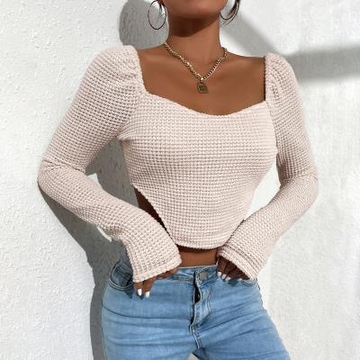 China Anti-wrinkle Shirts For Women,Women Long Sleeve Ribbed Hollow Out Tight Sexy Split Crop Custom Wide Collar Top Shirts for sale