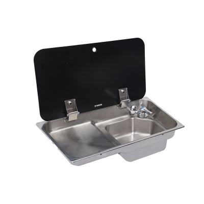 China Without Faucet Wholesale 304 Stainless Steel Welded Single Bowl Square Kitchen Sinks With Tempered Glass Lid for sale