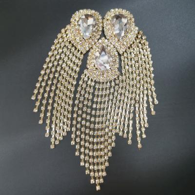 China 3D ZSY crystal diamante tassels rhinestone fringe applique for dress embellishment brooch shoulder epaulettes dance for sale