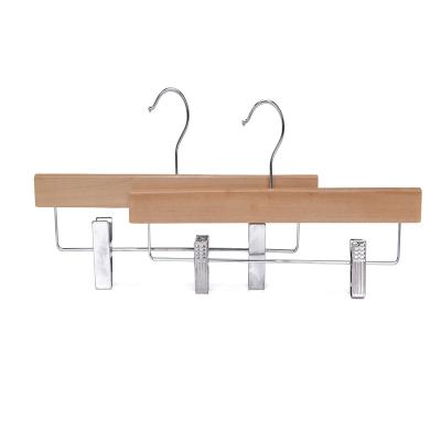 China Clothes Drying Natural Color Hanging Wooden Trouser Skirt Hanger Space Saving With Metal Clips for sale