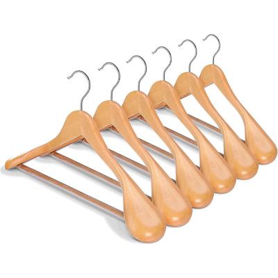 China Clothes Drying Natural Color Wide Shoulder Coat Hanger Wooden Suit Hangers With Non Slip Pants Bar for sale