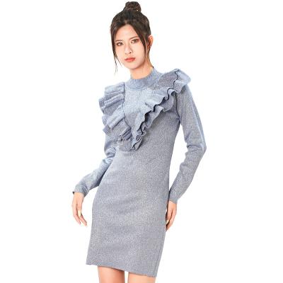 China New Autumn/Winter Anti-Wrinkle Ruched Semi High Collar Knit Dress Fashionable Long Sleeve Women's Dress Ladies Sweater For Winter for sale