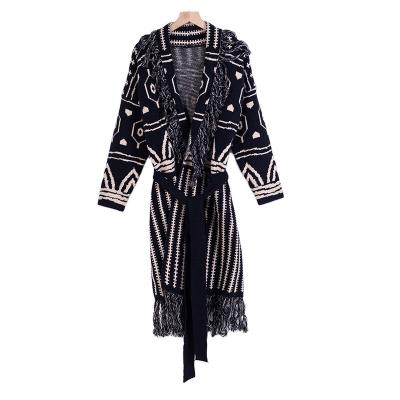 China Anti-wrinkle Winter Fringed Waist Banded Long Jacquard Ladies Knit Knitted Custom Cardigan Over Waist Women's Sweater Dress for sale