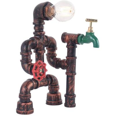 China Industrial Steampunk Vintage Rust Iron Water Pipe Desk Table Lamp Light with Red Valve Handle Switch and Green Faucet for sale