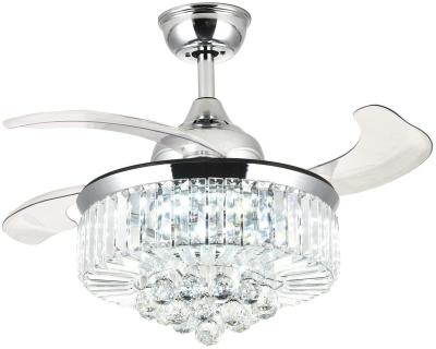 China Modern Adjustable Light Crystal Ceiling Fan Chandelier Remote Control Invisible Telescopic Fan Led Ceiling Fan Lamp for sale