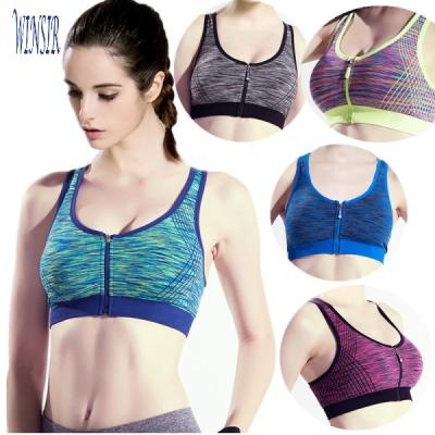 China Antibacterial Private Label Yoga Workout Fitness Sports Custom Space Dye Yarn Free Removable Pads Zip Top Front Nursing Seamless Fitness Bra for sale