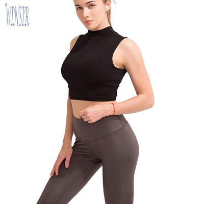 China Custom Antibacterial Seamless Sexy Women Knit Stretchy Fit Black Turtle Neck Gym Yoga Fitness Active Sports Workout Wear Crop Tops T Shirts for sale