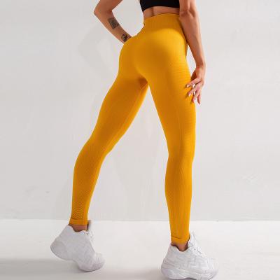 China Custom Activewear Yellow Seamless Tops-Waisted Antibacterial Knit Full Gym Sports Gaiters Fitness Women Yoga Tights Pants With Mesh for sale