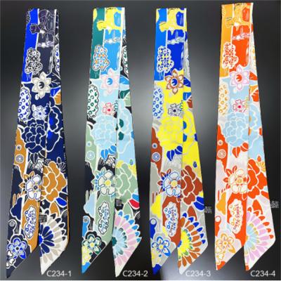 China Multifunctional Long Scarf Flower Printing Small Tie Bag Ribbon Decorate Silk Twill Scarf for sale