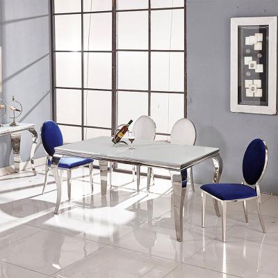 China OEM New Arrival Modern Design Rectangular Gray Marble Metal Stainless Steel Classic Sliver Top White Dining Tables for sale