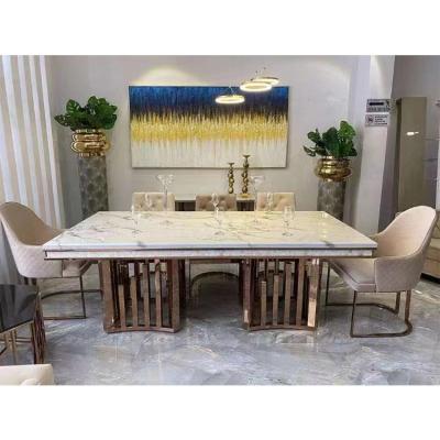 China New Arrival European Luxury Marble Adjustable Restaurant Custom Made Stainless Steel Gold Dining Table Top Set (The Other) for sale