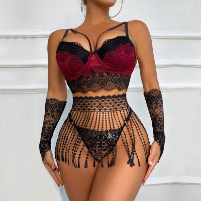 China Stitching lingerie new product breathable tassel belt lace with costume lace lingerie set for sale