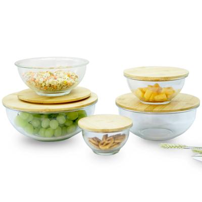 China Freshness Retention Glass Bowls Top Mixing Bowls Set With Bamboo Lids Interlocking Space Saving Bowls for sale