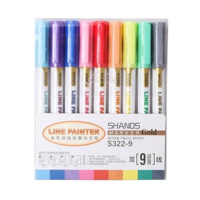 China Dubbele lijn schetspen 9 kleuren marker highlighter kleur marker fluorescentie pen Te koop