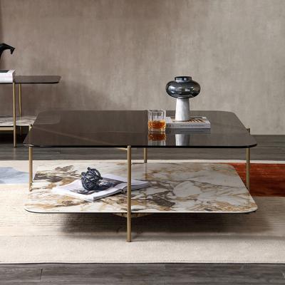 China Other Home Furniture Luxury Large Chrome Designer Double Deck Marble And Glass Contemporary Coffee Table for sale