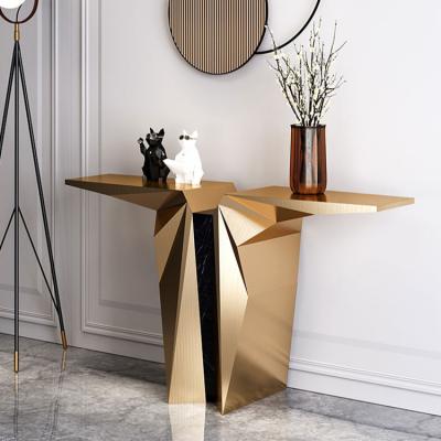 China Customizable contemporary luxury high end gold console tables stainless steel villa home furniture Indian hallway entryway console table for sale