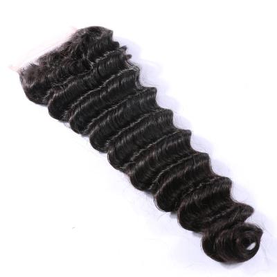 China 4x4 Deep Wave Medium Brown Swiss Deep Wave Lace Closure Natural Raw Brazilian Human Hair Closures for sale