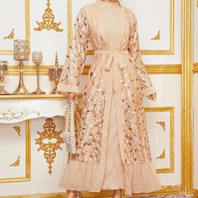 China Lace up Leaf Embroidery Modest Open Abaya Kimono Cardigan S-2XL for sale