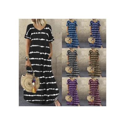 China Anti-Static New Arrive Lady Striped Elegant Summer Women's V-neck Long Casual Dress Sundresses Long for sale