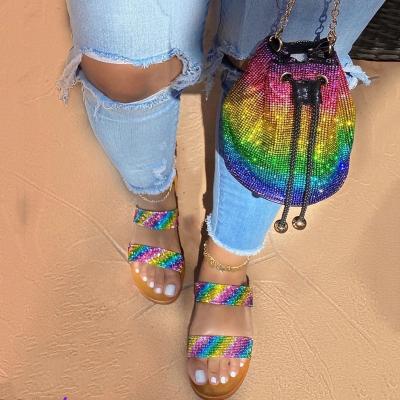 China 2021 Fashion Trend Hot Sale Rainbow Women's Rhinestone Shoes And Bags Slip On Sandals Open Toe Slippers Ladies Outside Beach for sale