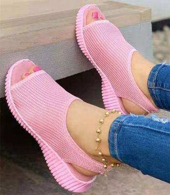 China 2021 Fashion Trend Women Shape Casual Pure Color Knitted Mesh Printed Peep Toe All-Match Summer Flat Sandals for sale