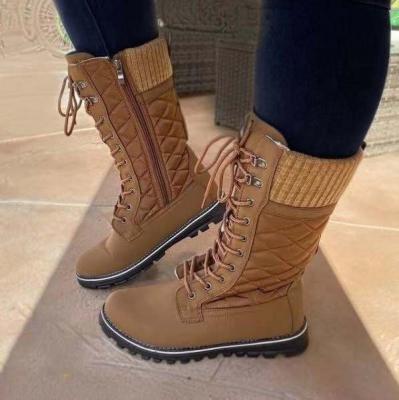 China 2021 Winter Warm Women's Anti-Smell British Cowboy Zipper Heel Boots Retro Ladies Lace-Up Big Tube Flat Boots for sale