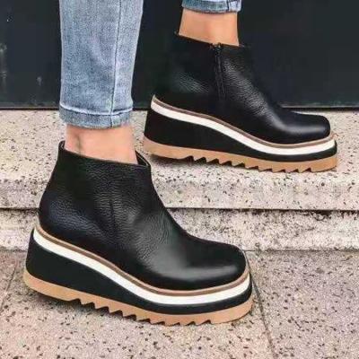 China Deodorization Dropshipping Women Around Toe Platform Wedge Heel Casual Booties Ladies PU Leather Slip On Zipper Ankle Boots for sale