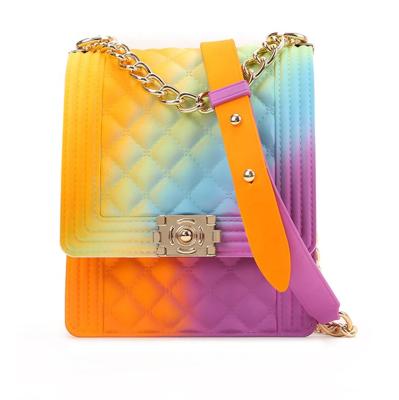 China 2020 New PVC Rainbow Vertical Rhombic Diagonal Shoulder Jelly Handbag Small Cell Phone Bag Chain Bags for sale