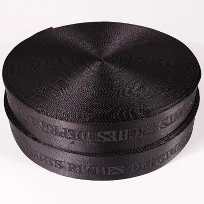 China Viable Black Color 38mm Nylon Shoulder Strap Woven Jacquard Webbing With Custom Logo for sale