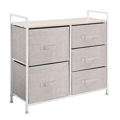 China Sustainable Furniture Storage Tower Unit Pull Out Bins5 Fabric Drawers Wooden Top Durable Steel Frame for sale