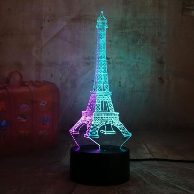 China Durable Remote Control Beauty Romantic 3D Eiffel Tower RGB 7 LED Mixed Double Color Novelty Desk Lamp Night Light Birthday Christmas Gift for sale