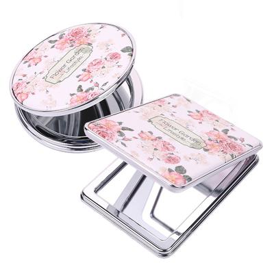 China Portable Double Sided Folding PU Cosmetic Mirror Retro Makeup Pocket Mirror Double Sided Flower Round Mirror for sale