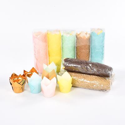 China Wholesale Disposable Tulip Cupcake Liners Baking Cup Brown Muffin Wrappers Dessert Leakproof Paper Holders With PVC Box For Cake Tool for sale