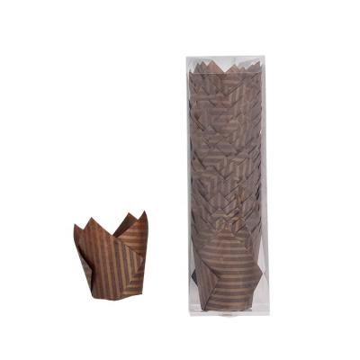 China 40gsm Disposable Oil Proof Striped Brown Pattern Baking Wrappers Tulip Muffin Paper Cups Tulip Brown Cupcake for sale