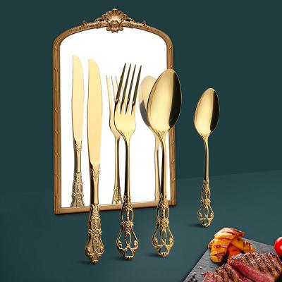 China Factory Direct Selling Retro Rilievo Courtyard Viable Mirror Style Luxury Stainless Steel Cutlery Set for sale