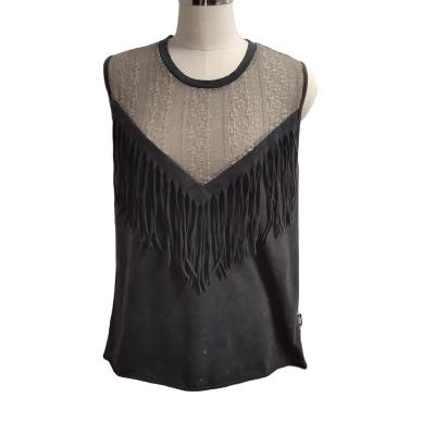 China Anti Wrinkle Cotton Acid Wash Casual Women Beach Tops Cowgirl O Neck Lace Fringe Women's Tank Tops for sale