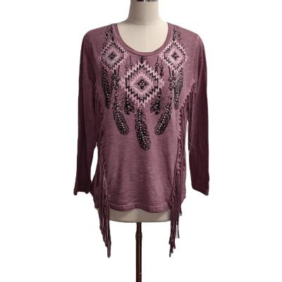 China Autumn Casual Women Spring Anti-wrinkle Spring T-shirts O Neck Fringe Leaf Aztec Print Long Sleeve T Shirt For Women for sale